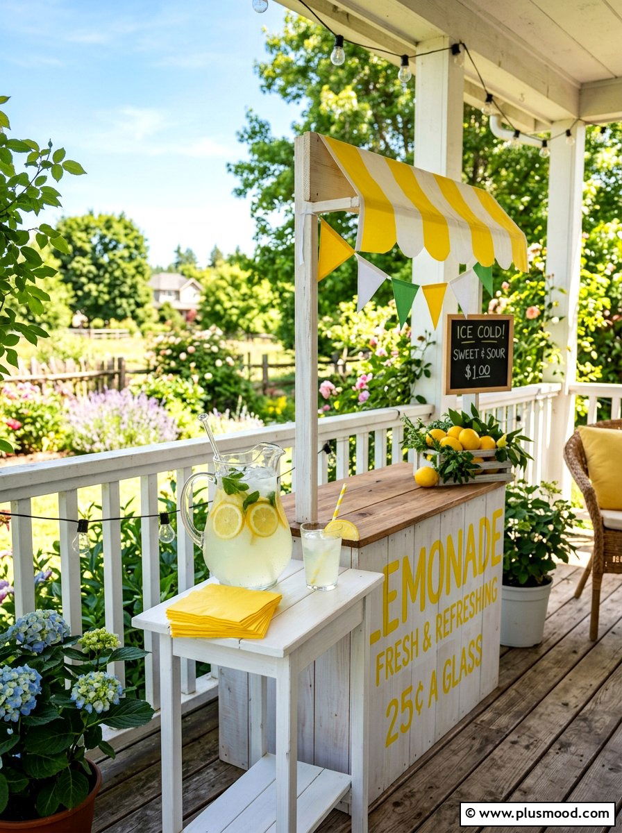 Lemonade station porch table - 25 summer front porch decor ideas with lemons