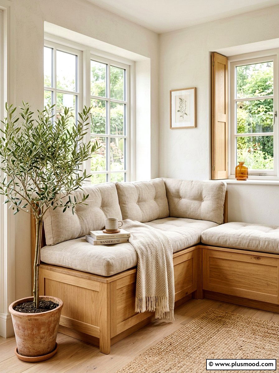 Light Linen Bench Nook - 25 summer seasonal entry decor ideas