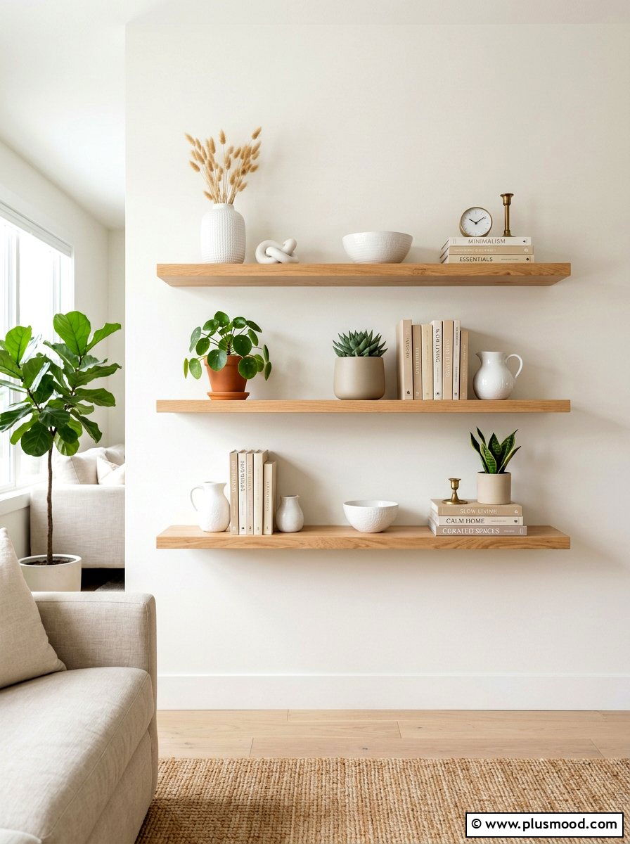 Light Wood Floating Shelf - 25 summer neutral decor ideas