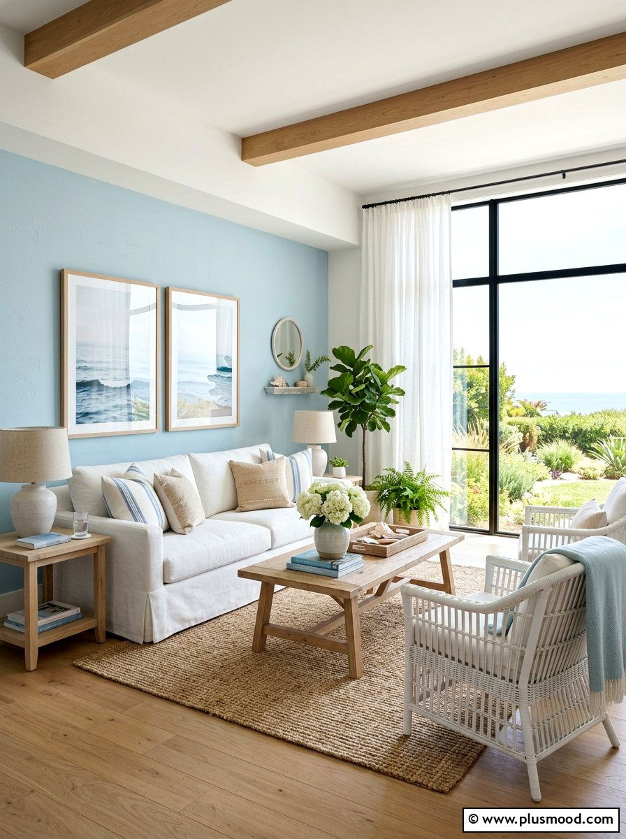 Light blue accent wall - 25 summer family room decor ideas