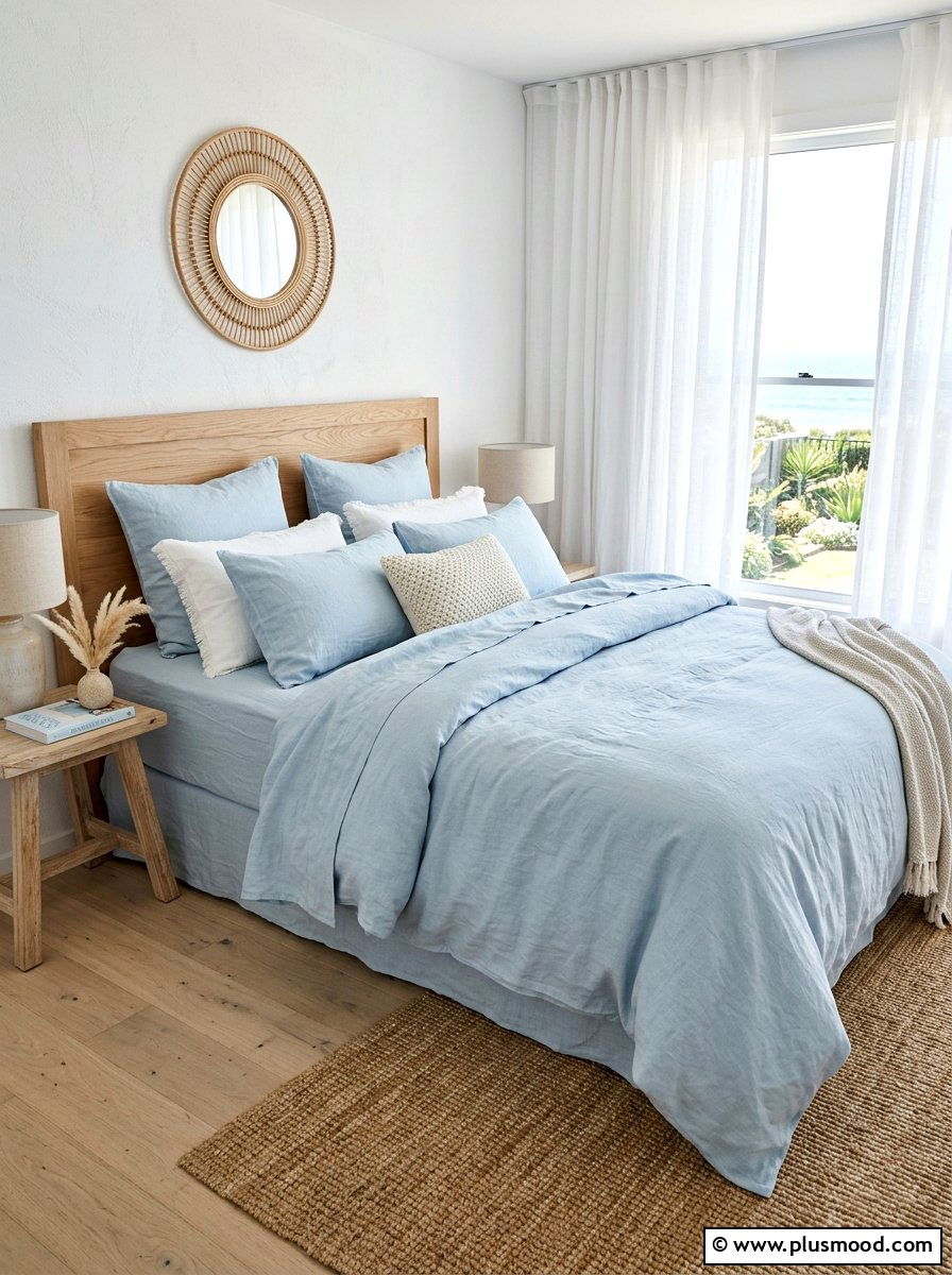 Light blue linen bedding - 25 summer white and blue bedroom ideas