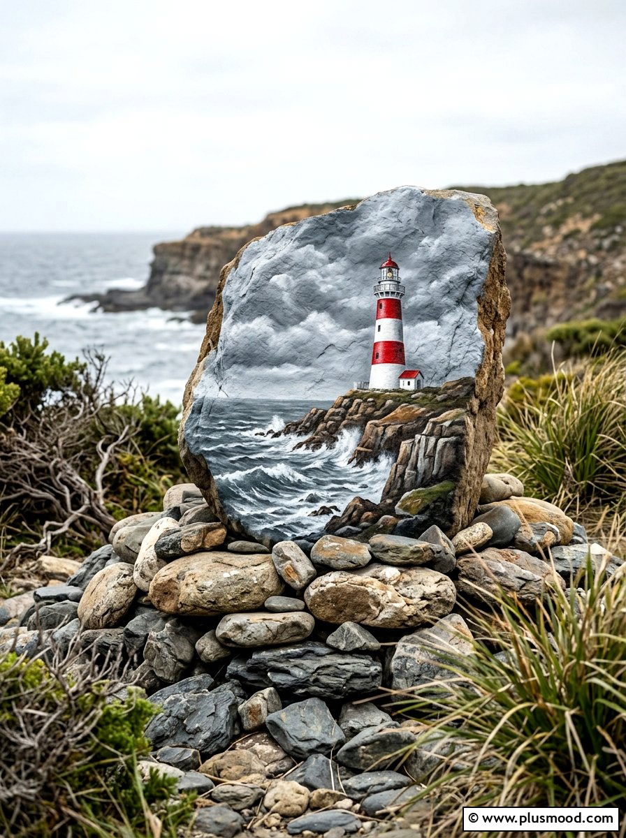 Lighthouse On Cliff - 25 painted rock ideas with landscapes