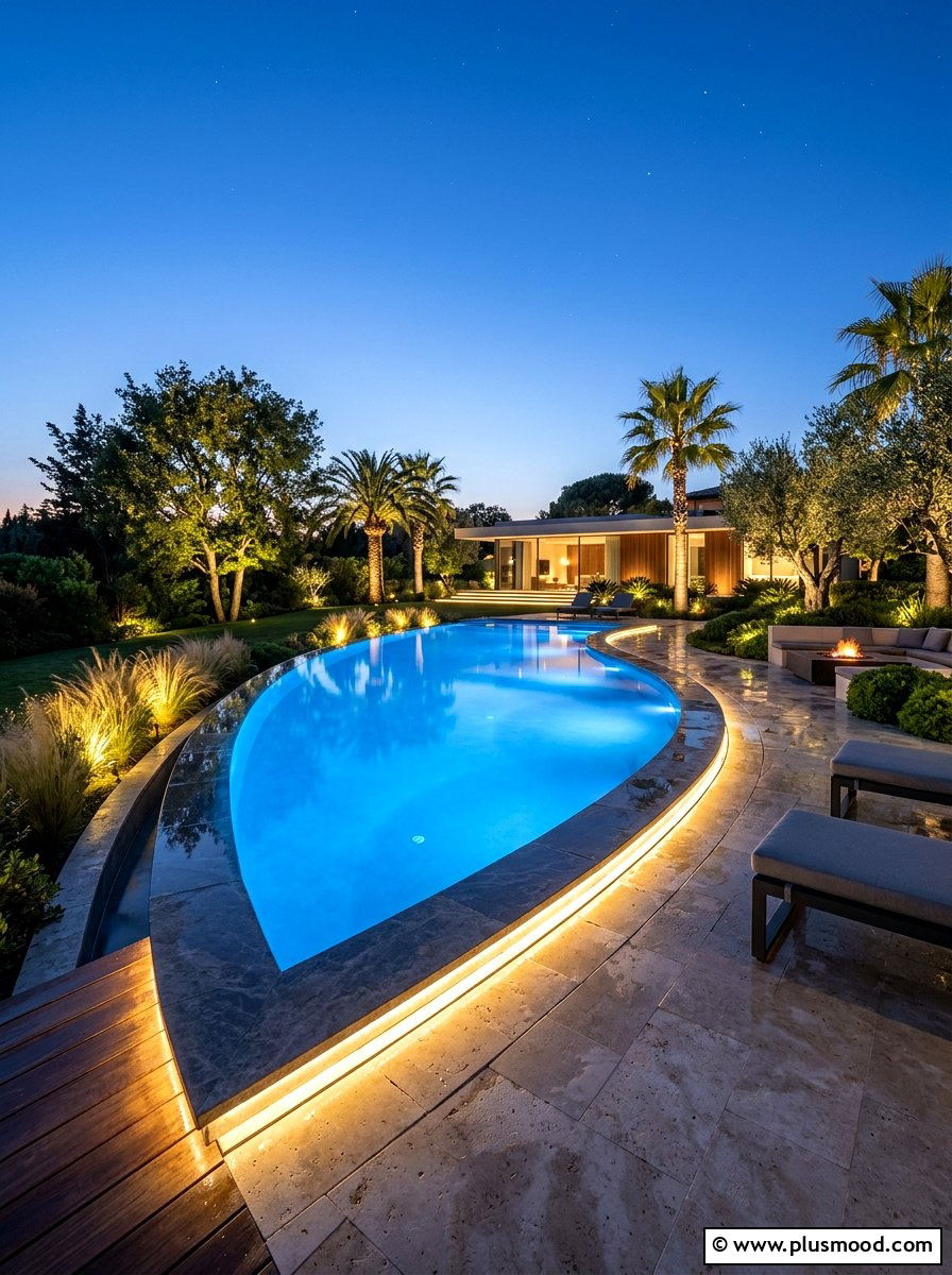 Lighting for curved pool - 25 pool landscaping ideas with curved edges