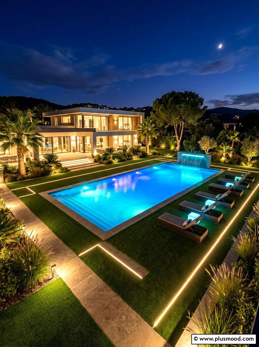 Lighting for pool area with turf - 25 pool landscaping ideas with artificial turf