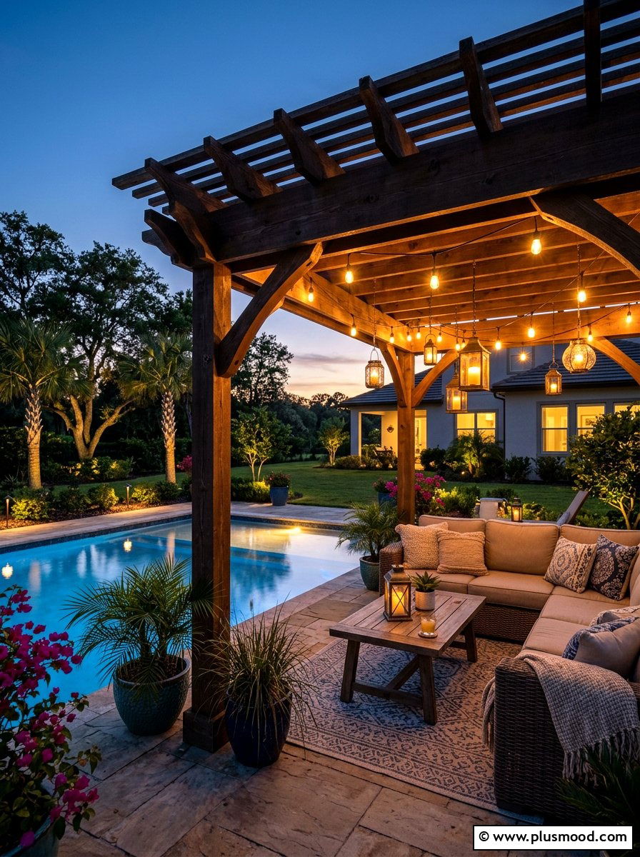 Lighting for pool pergola - 25 pool landscaping ideas with pergola shade
