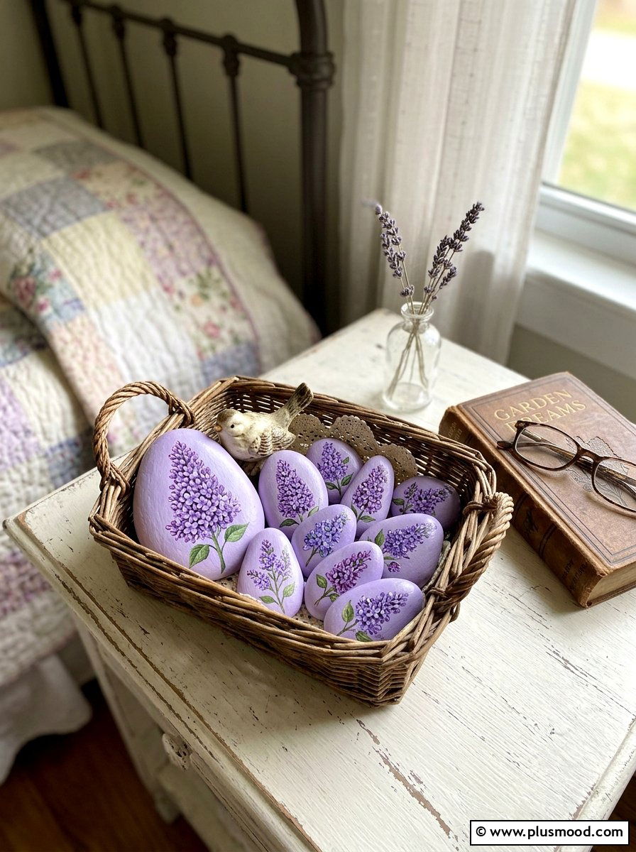 Lilac Painted Rock - 25 painted rock ideas with flowers