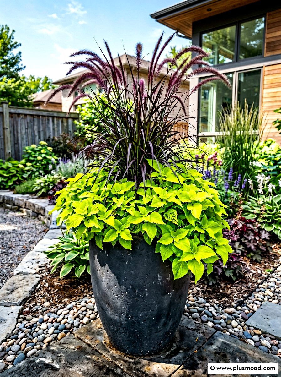 Lime Green Coleus And Purple Fountain Grass - 25 summer planters with coleus ideas