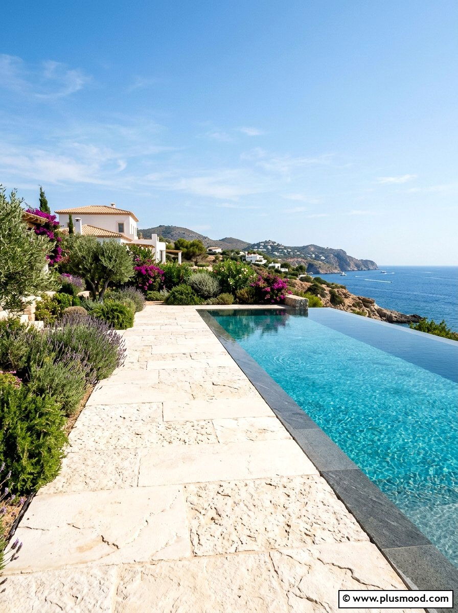 Limestone Pathway Near Infinity Edge - 25 pool landscaping ideas with stone pathway