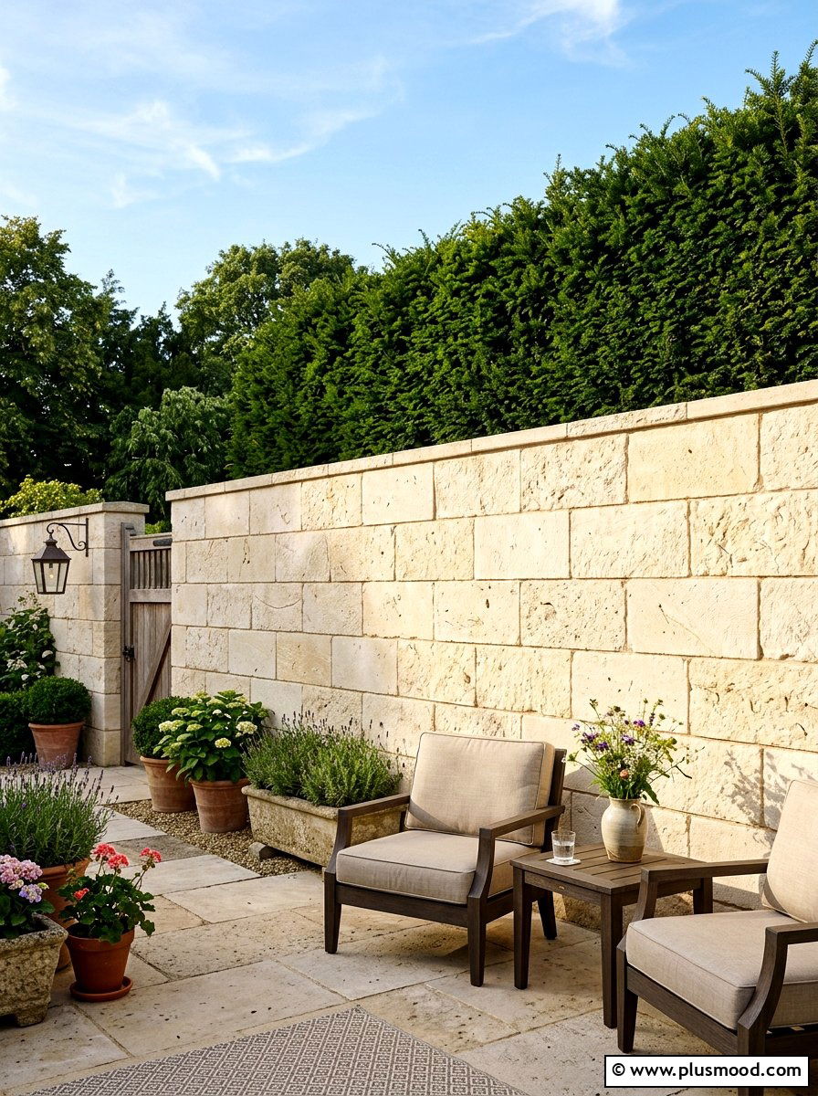 Limestone block wall - 25 small backyard ideas with seating wall