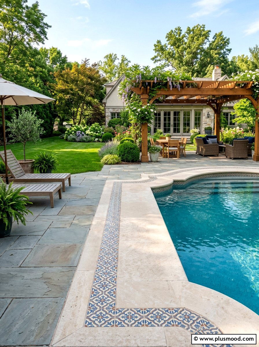 Limestone pool coping with tile inlay - 25 pool landscaping ideas with tile accents