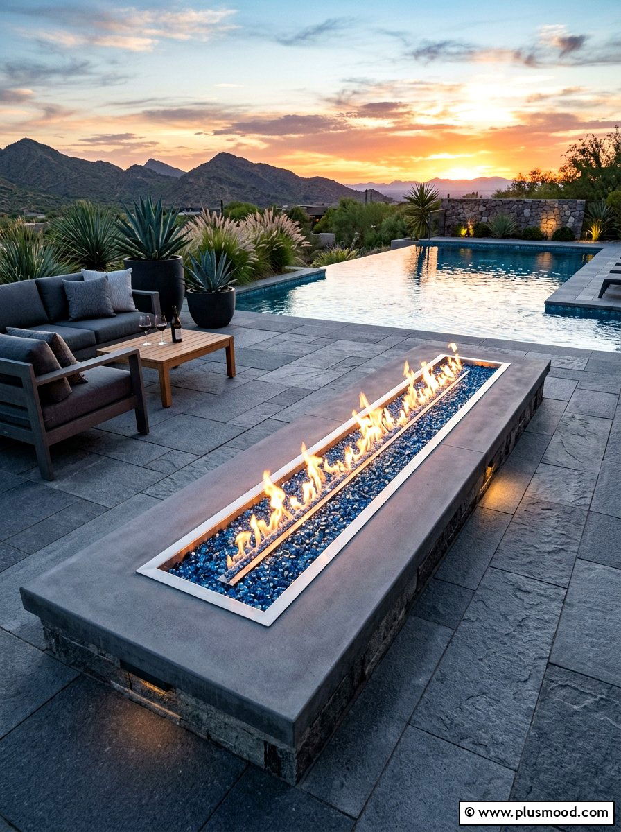 Linear fire pit poolside - 25 pool landscaping ideas with fire feature