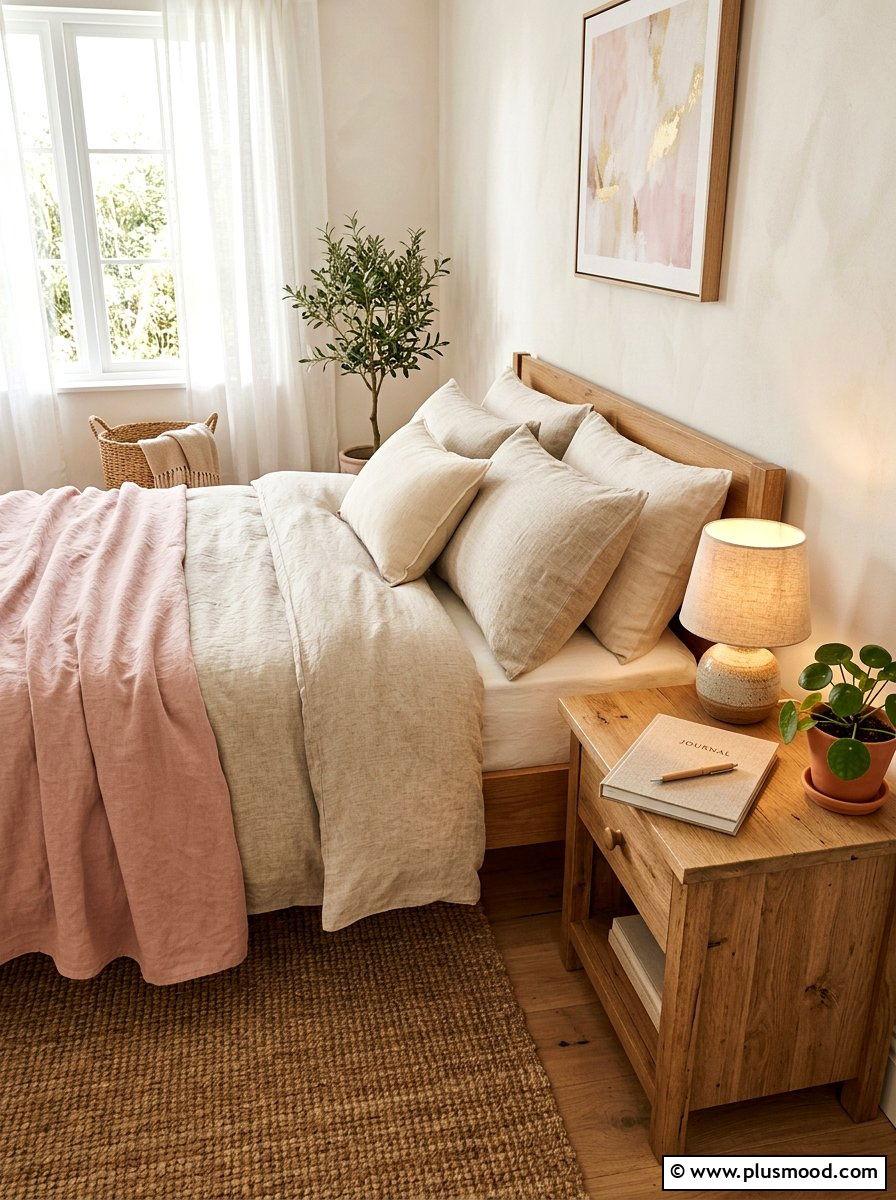 Linen Bedding Accent - 25 summer nightstand decor ideas