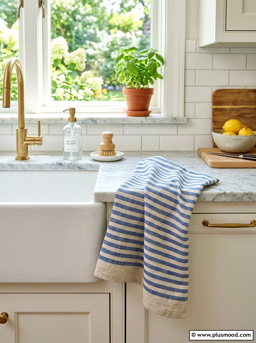 Linen Striped Kitchen Towel - 25 summer kitchen counter decor ideas