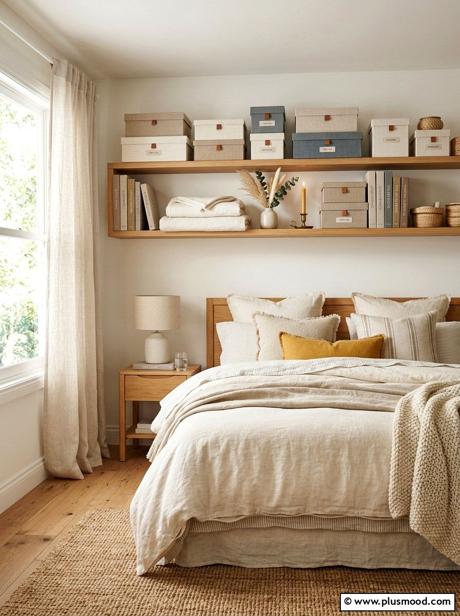 Linen Texture Bedroom Shelf - 25 summer bedroom shelf decor ideas