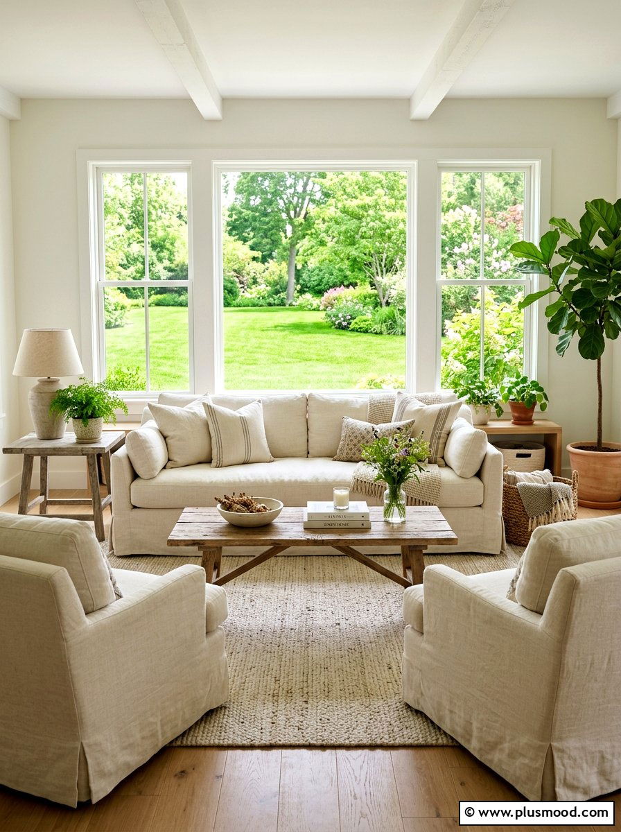 Linen slipcovered living room arrangement - 25 summer French country summer decor ideas