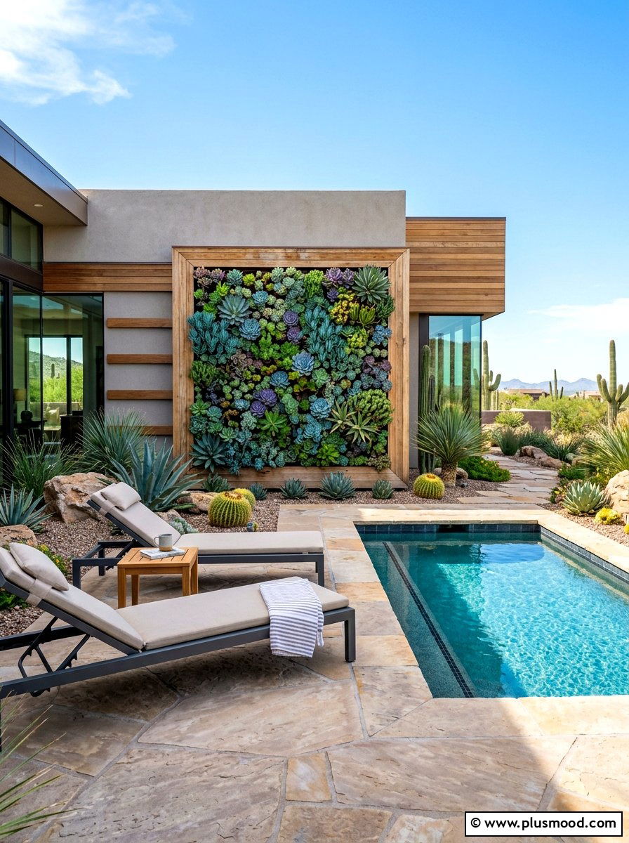 Living wall with succulents - 25 summer pool privacy ideas