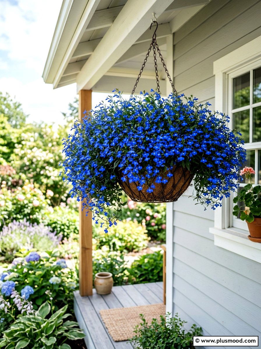Lobelia hanging basket - 25 summer hanging basket ideas for front porch