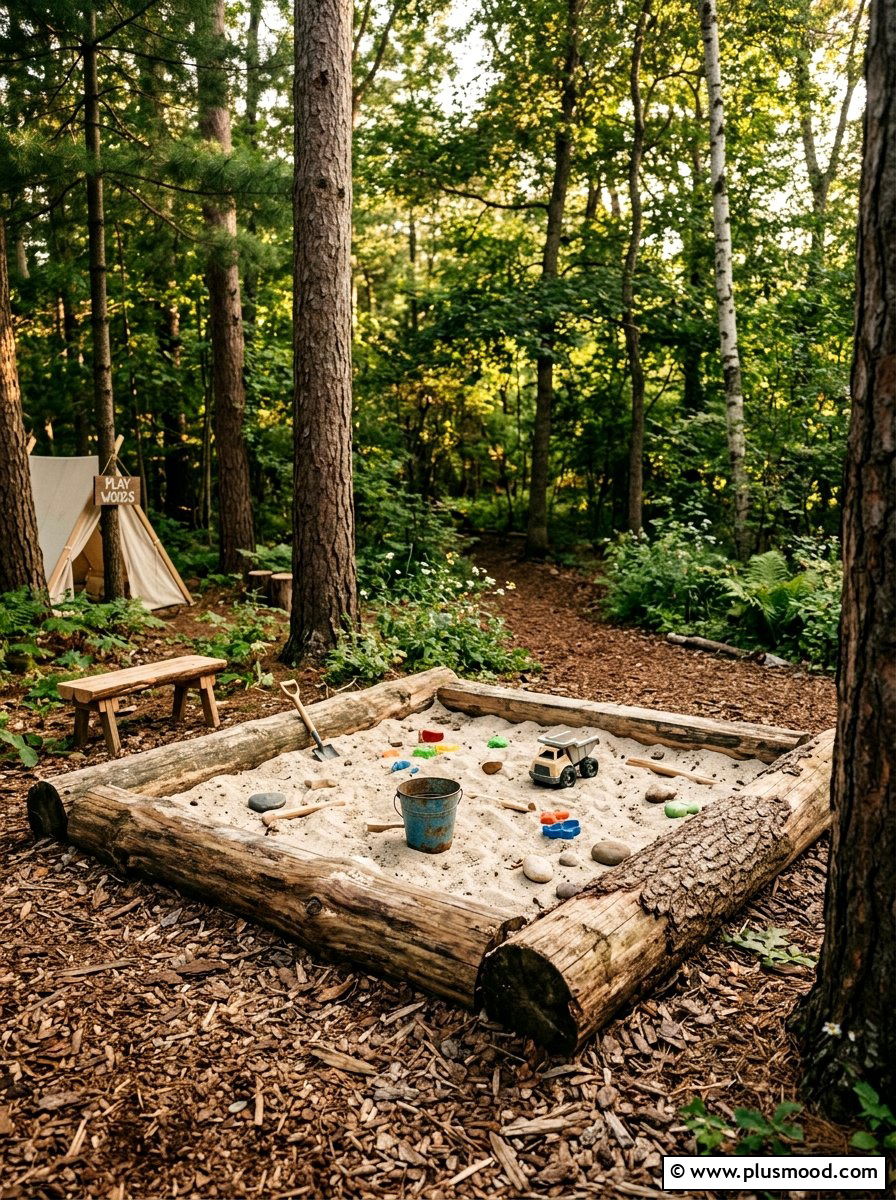 Log Border Sandbox - 25 small backyard ideas with sandbox