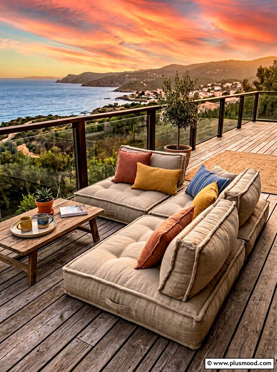 Low Profile Balcony Floor Cushions - 25 summer minimal balcony ideas