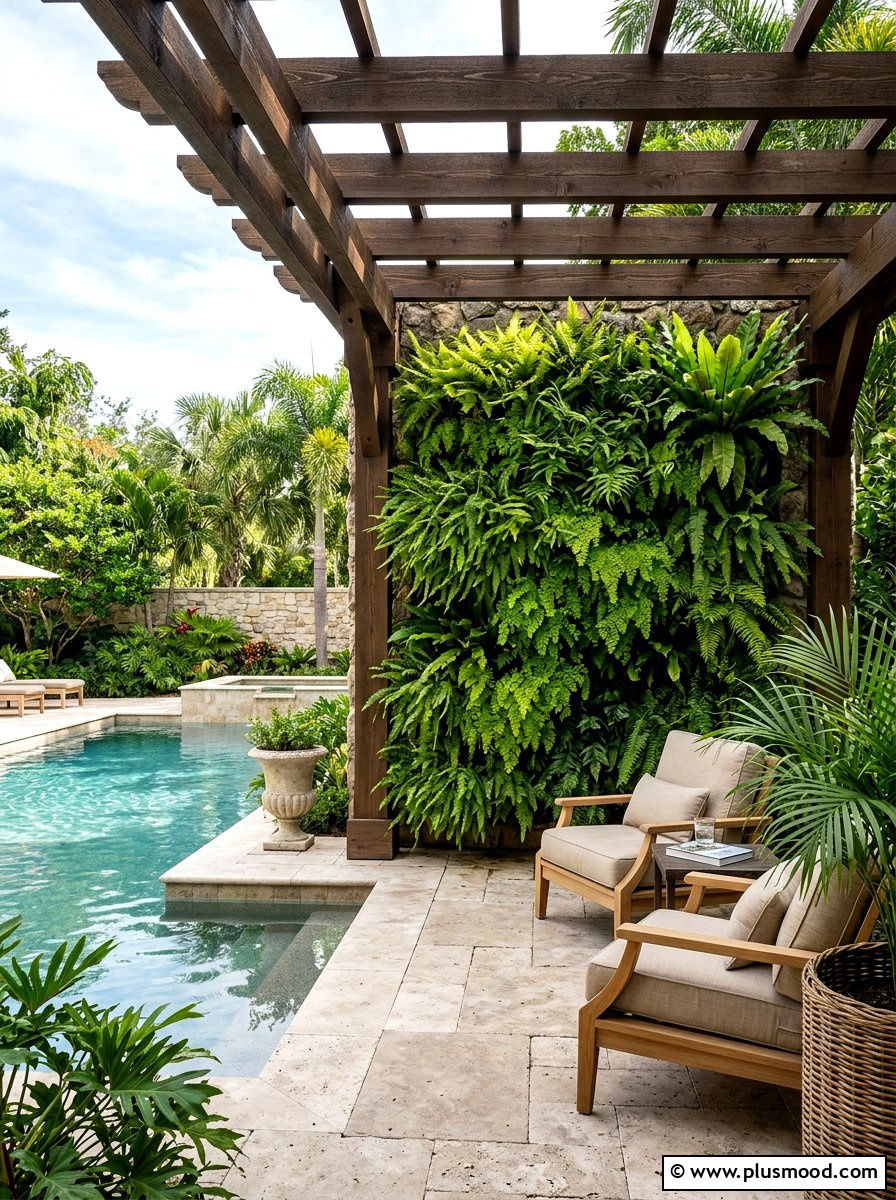 Lush Fern Vertical Garden Poolside - 25 pool landscaping ideas with vertical garden