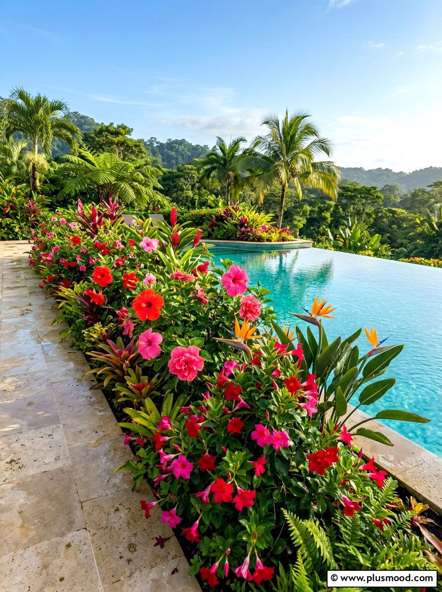 Lush Tropical Flower Border - 25 pool landscaping ideas with tropical theme