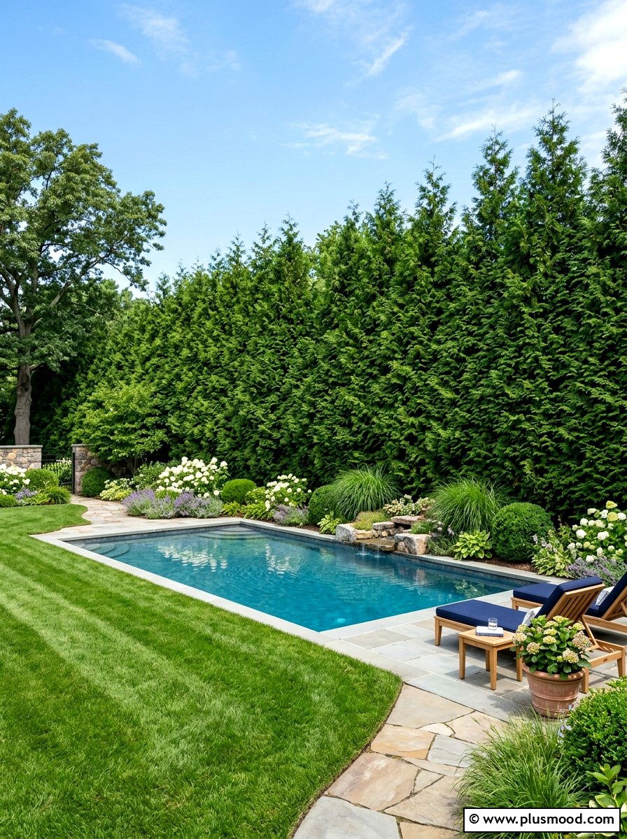 Lush evergreen privacy screen - 25 pool landscaping ideas for colonial homes