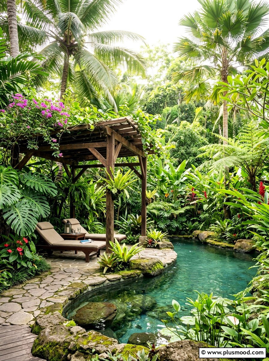 Lush greenery around pool pergola - 25 pool landscaping ideas with pergola shade
