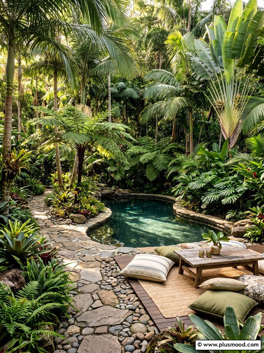 Lush tropical garden pool - 25 pool landscaping ideas with outdoor seating