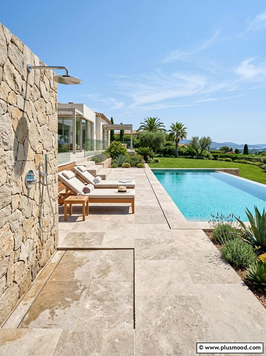 Luxury Pool Pavers With Integrated Shower - 25 pool landscaping ideas with outdoor shower