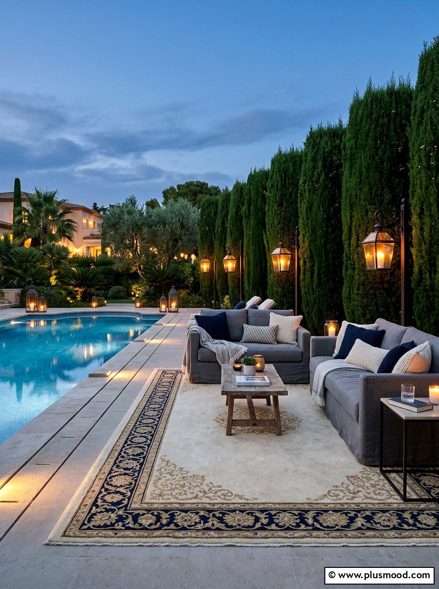Luxury Poolside Lounge - 25 pool landscaping ideas with outdoor rug