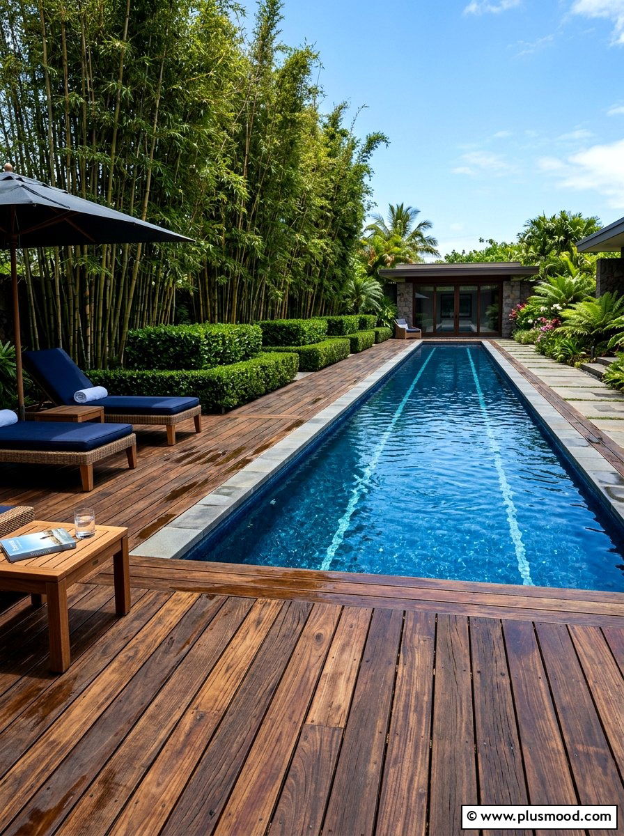 Luxury lap pool with dark wood deck - 25 pool landscaping ideas with wooden deck