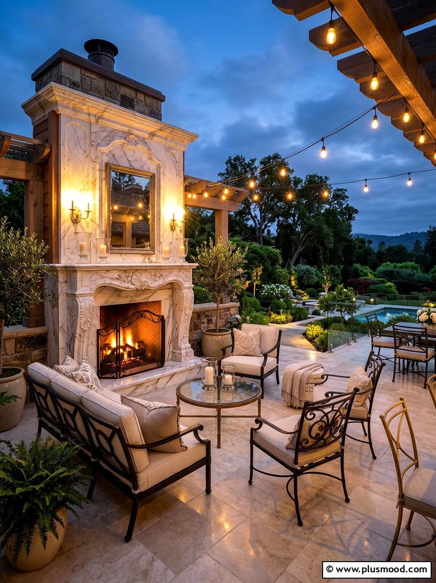 Luxury marble fireplace for small patio - 25 small backyard ideas with outdoor fireplace