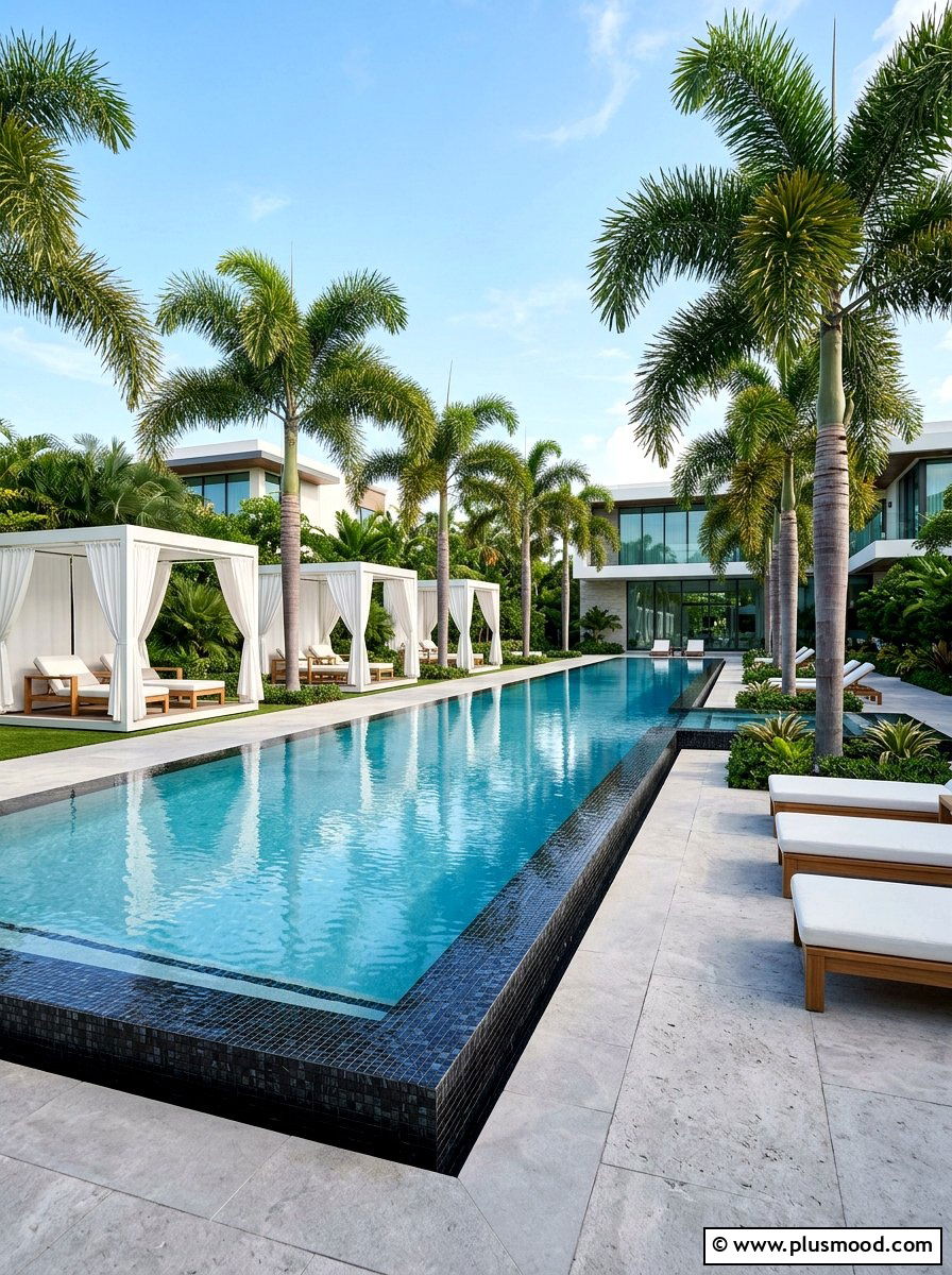 Luxury pool area with foxtail palms - 25 pool landscaping ideas with palm trees