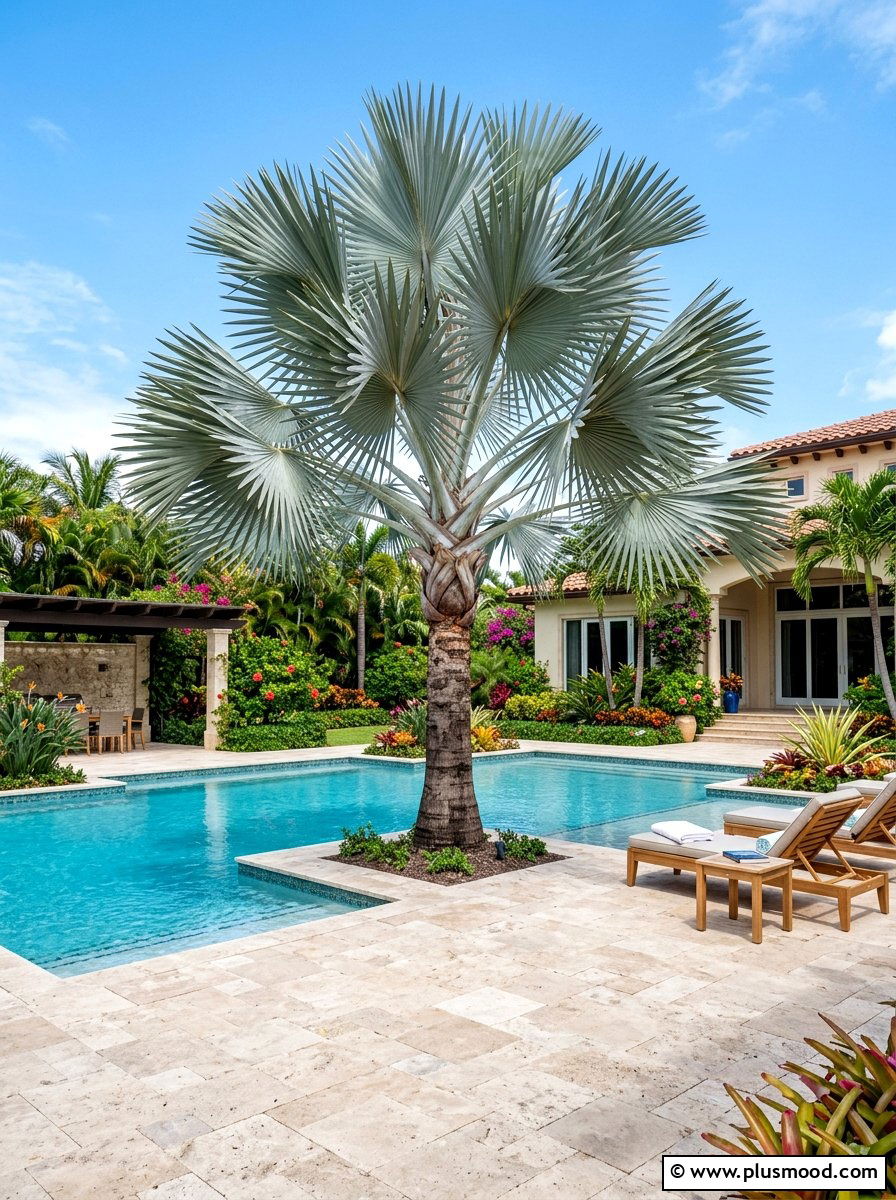 Luxury pool oasis with bismarck palms - 25 summer pool landscaping ideas with palms