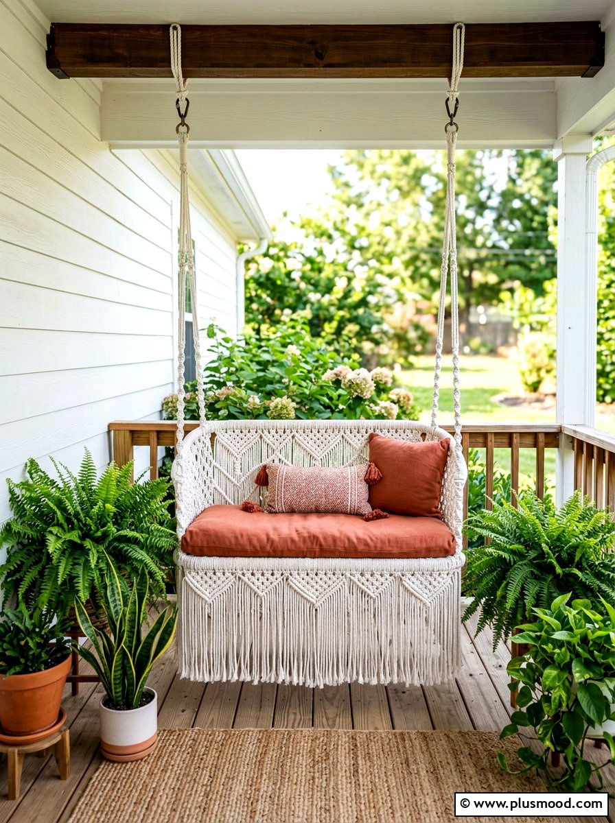 Macrame Front Porch Swing - 25 summer boho front porch ideas