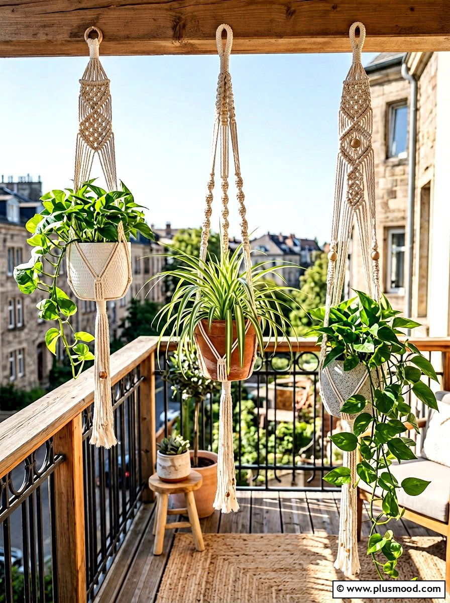 Macrame Plant Hanger Trio - 25 summer cozy apartment patio ideas