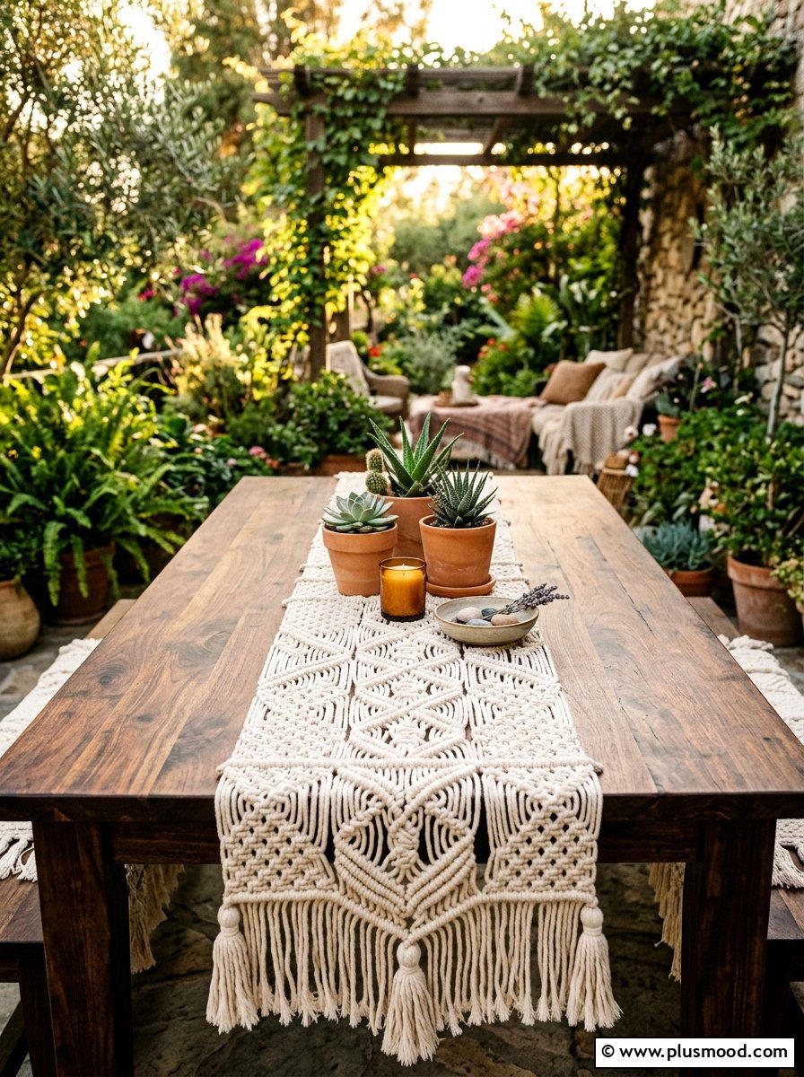 Macrame Table Runner - 25 summer balcony table decor ideas