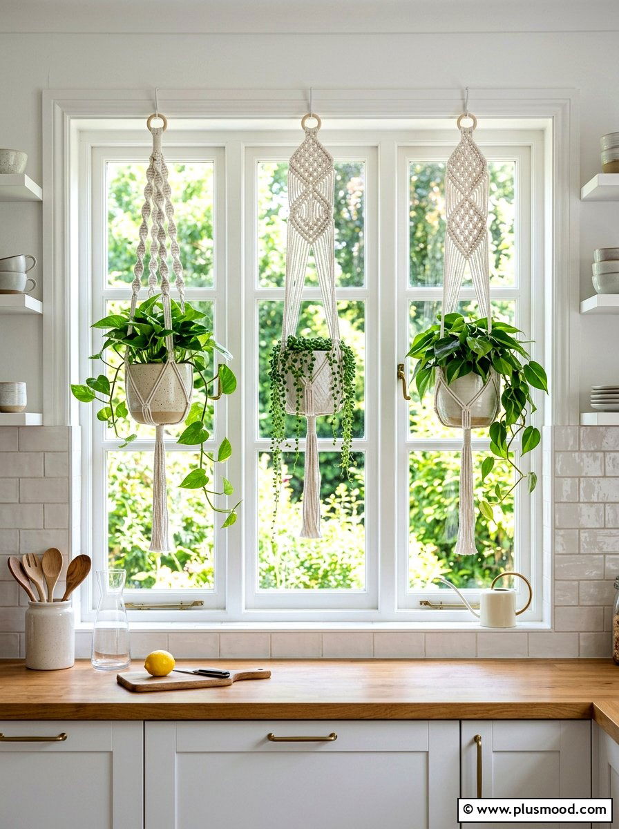 Macrame plant hanger - 25 summer kitchen window decor ideas