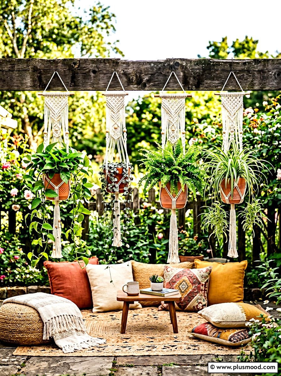 Macrame plant hangers on fence - 25 summer backyard fence decor ideas
