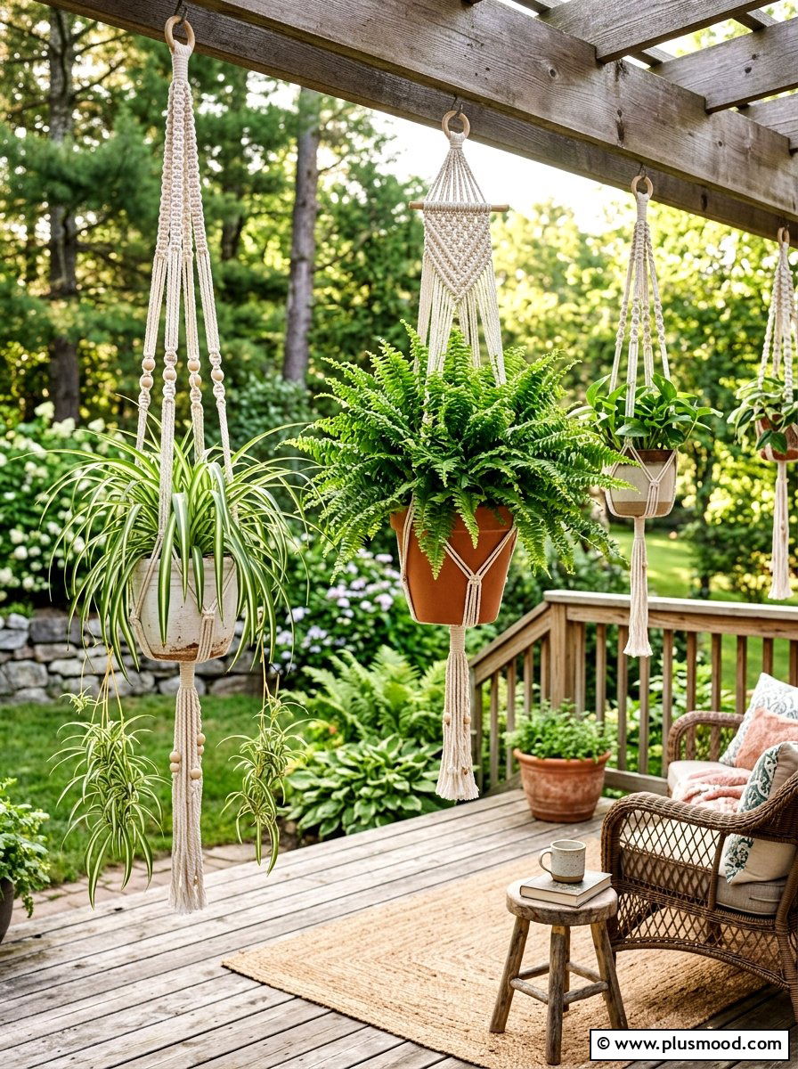 Macrame plant hangers outdoor - 25 small backyard ideas with hanging plants