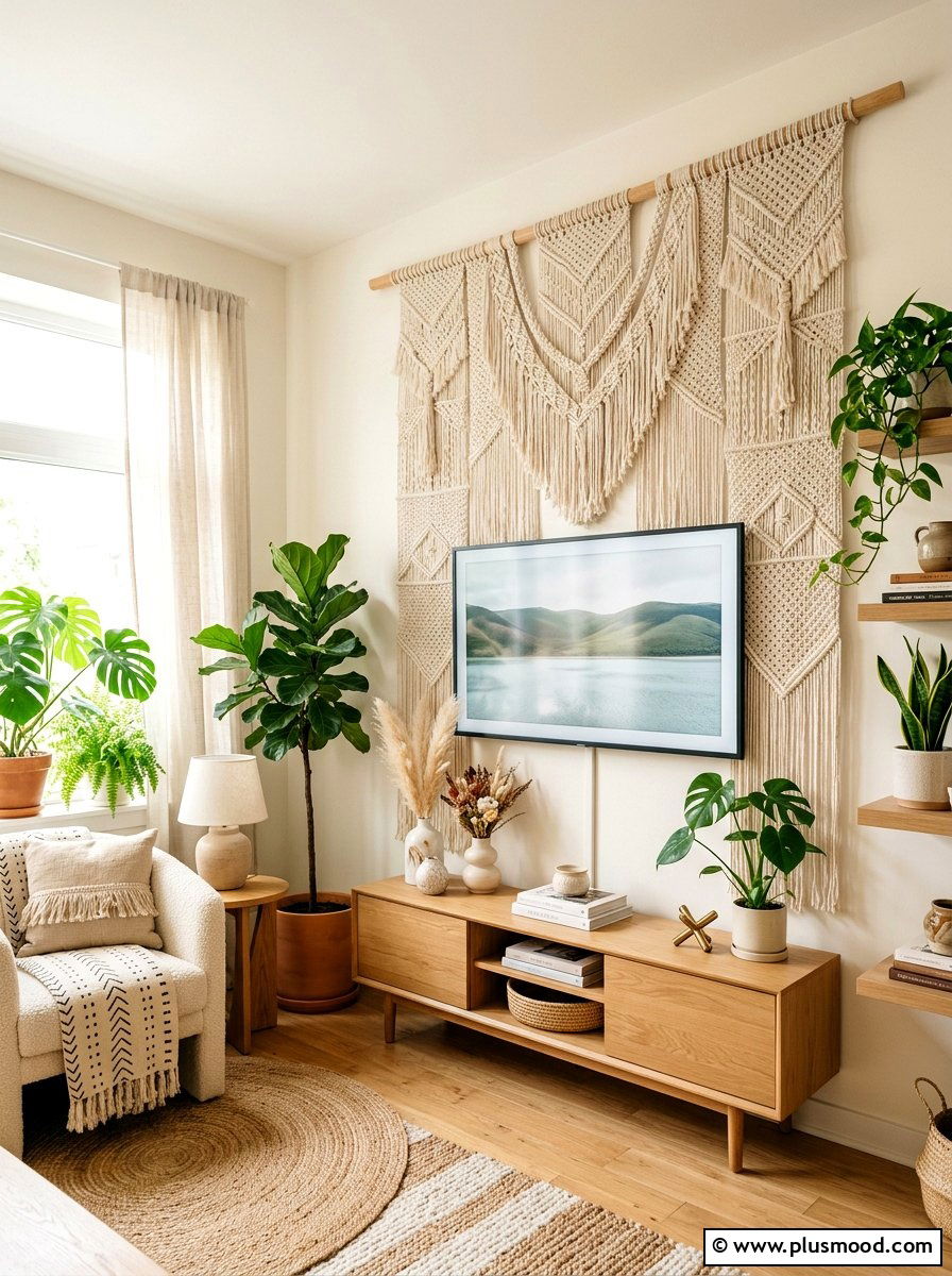 Macrame wall hanging tv wall - 25 summer TV wall decor ideas