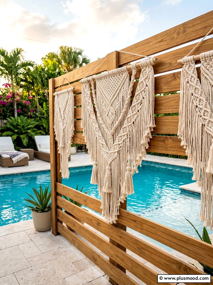 Macrame wall hangings for pool fence - 25 summer pool fence decor ideas