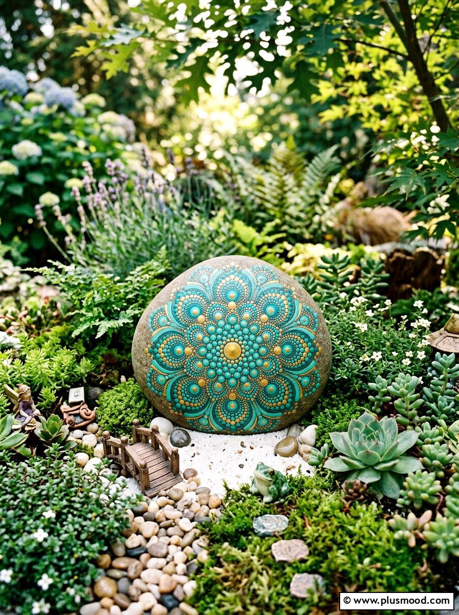 Mandala Rock - 25 painted rock ideas for fairy garden