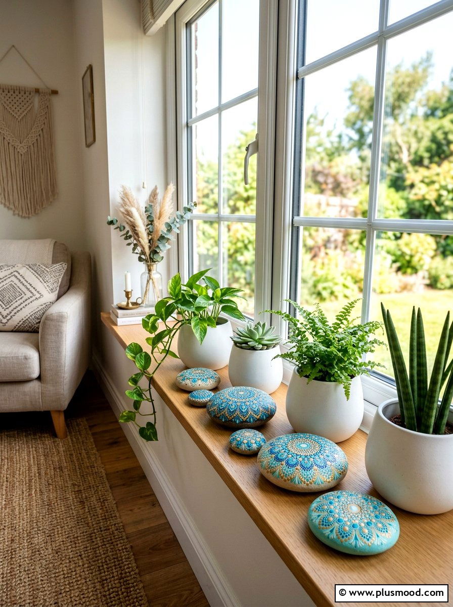 Mandala Stone Patterns - 25 painted rock ideas for window sill display