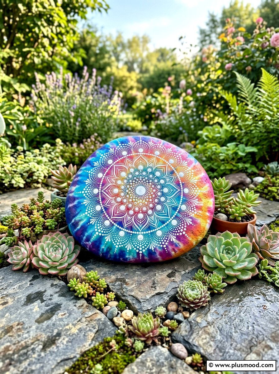Mandala tie dye rock painting - 25 painted rock ideas with tie dye effect
