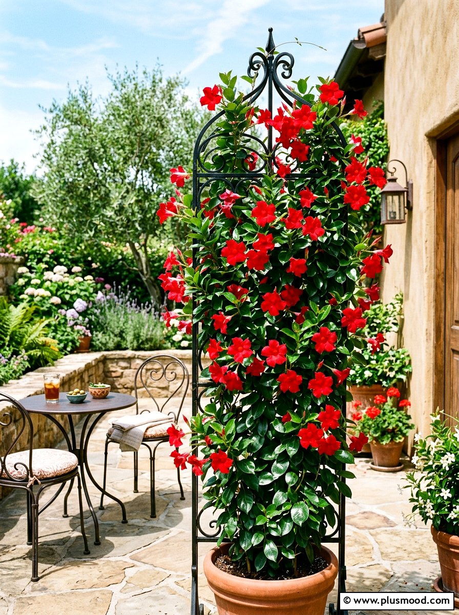 Mandevilla Climbing Trellis - 25 summer patio flower ideas