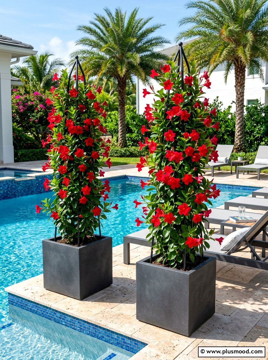 Mandevilla Poolside Planter - 25 pool landscaping ideas with climbing plants