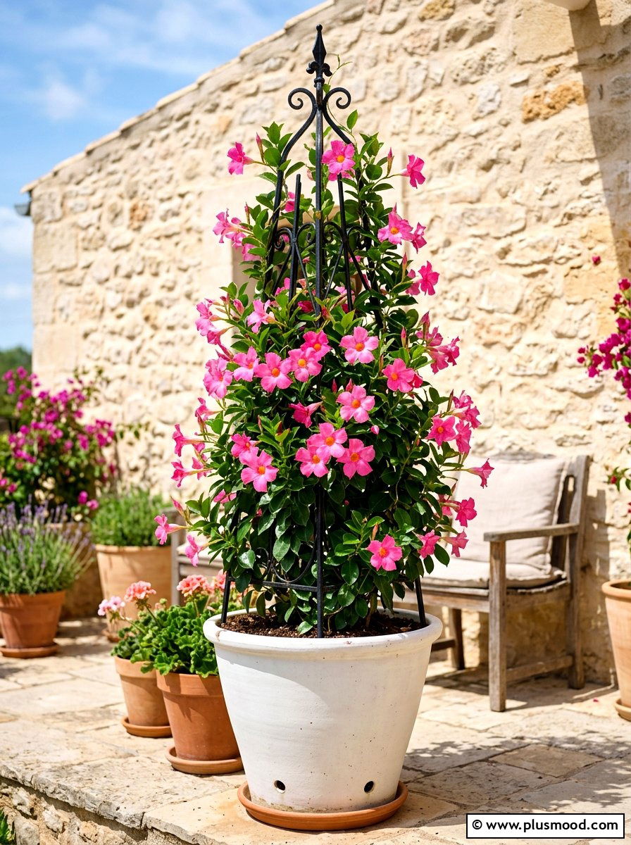 Mandevilla Trellis Climbing Pot - 25 summer low maintenance planter ideas