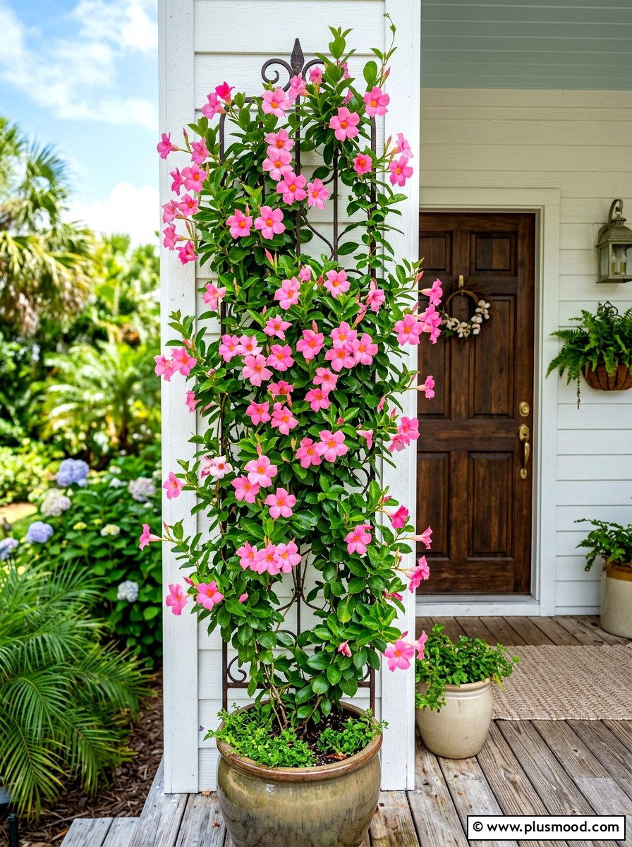 Mandevilla Vine Trellis - 25 summer front porch flower ideas