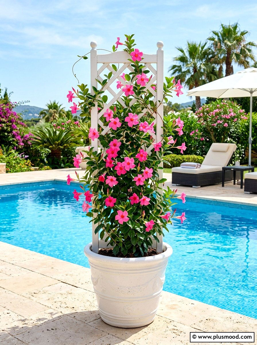 Mandevilla trellis flower planter - 25 summer poolside planter ideas